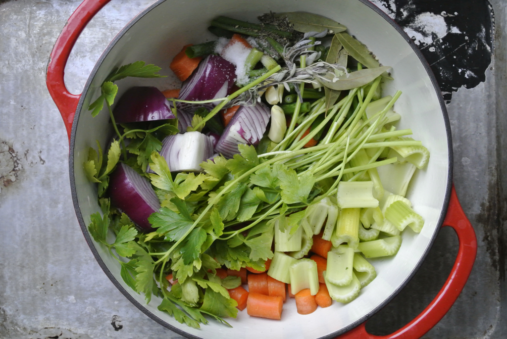 Pot full of vegetables for vegetable stock