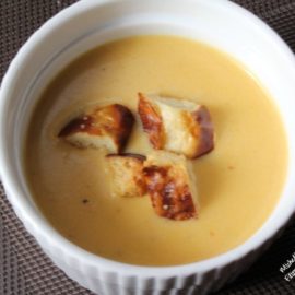 Beer Cheese Soup with Pretzel Croutons by Flipped-Out Food
